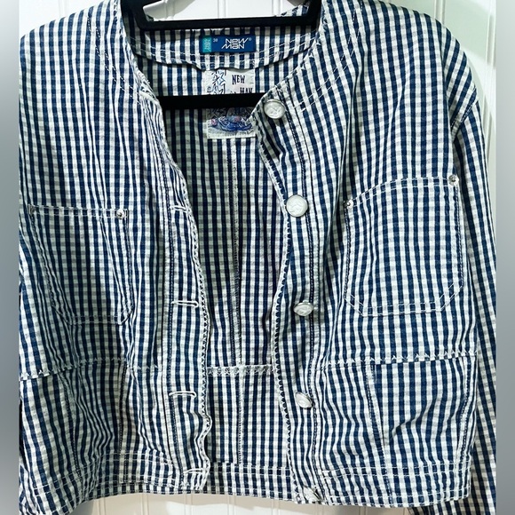 Vintage New Man Blue White Gingham Plaid Striped Button Jacket EU 38 Medium - Picture 2 of 3